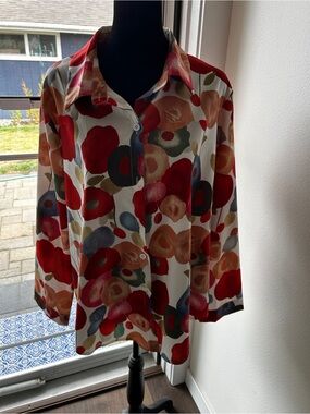 SHEIN Red Multicolor Abstract Floral Button-Up Blouse